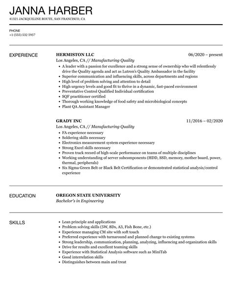 Quality Control Manufacturing Resume