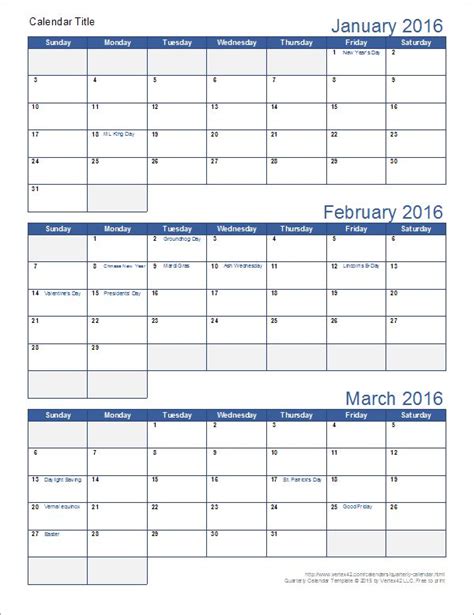 A sample quarterly calendar template