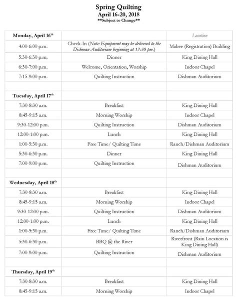 Quilting Schedule and Timeline