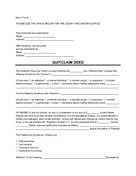 Quit claim deed form Florida sample