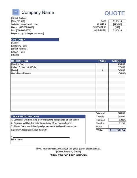 Quote Sheet Template Excel Example