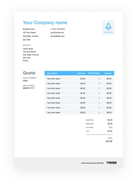 Quote sheet template with a clean design