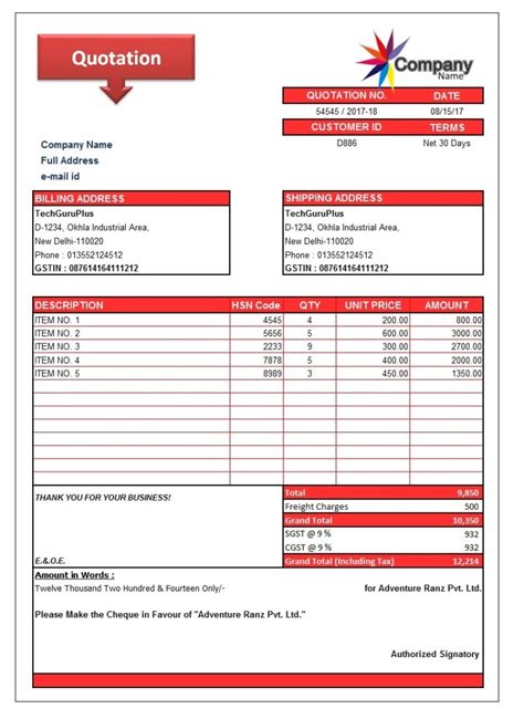 Quote Template Excel Online