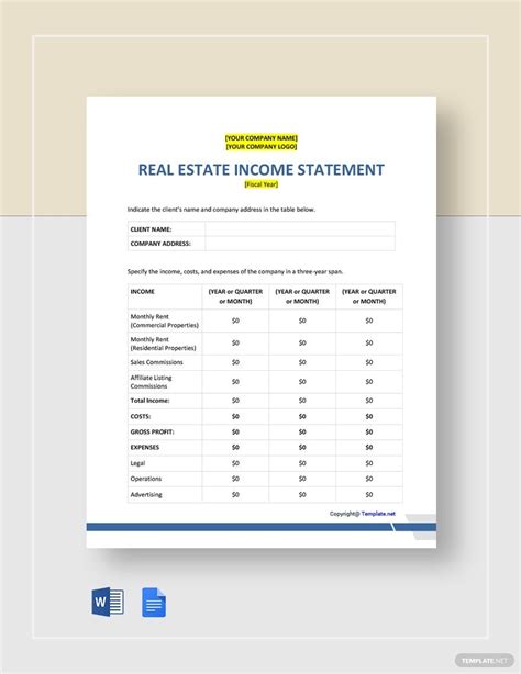 Real Estate Agent Income Statement Template