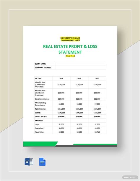 Real Estate Agent Profit and Loss Statement Template