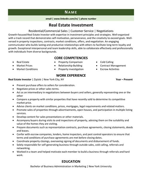 Real Estate Investor Resume Template