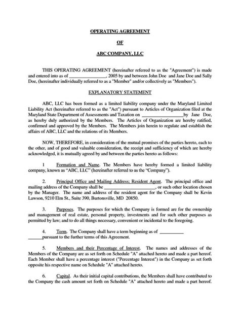 Real Estate LLC Operating Agreement Template Sample