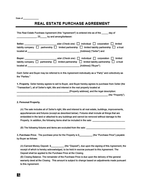 Real Estate Purchase Agreement Template