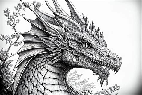 Realistic dragon coloring page with fiery eyes