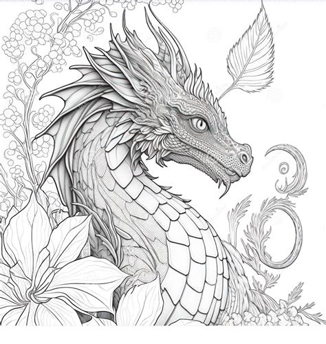 Realistic dragon coloring page with fiery breath