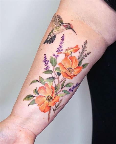 Realistic Hummingbird and Flowers Tattoo Design