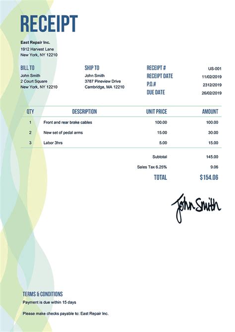 Receipt template styles