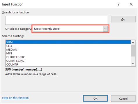 Recently Used Functions Tab in Excel