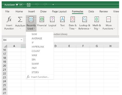 Recently Used Functions in Excel