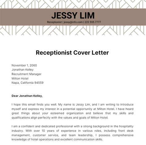 Receptionist Cover Letter Template Example