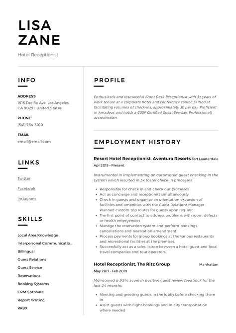 Receptionist Resume Template Download