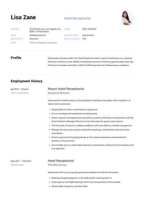 Receptionist Resume Template Format