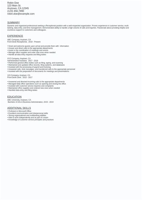 Receptionist Resume Template Layout