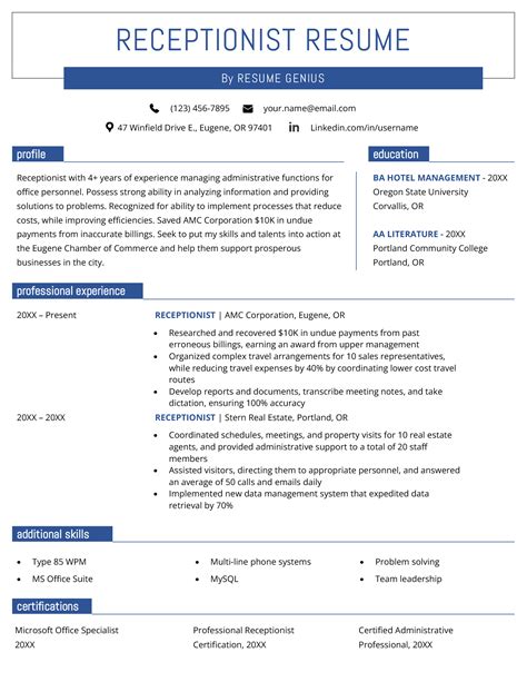 Receptionist Resume Template Sample