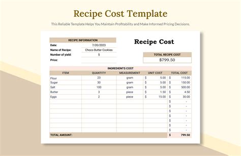 Recipe costing template for calculating the cost of menu items