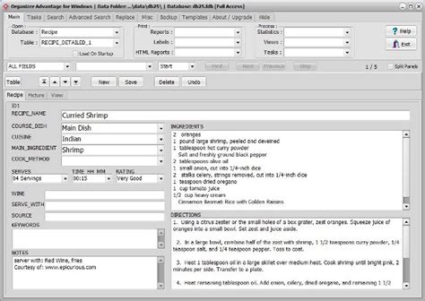 Example of a recipe database template in Excel