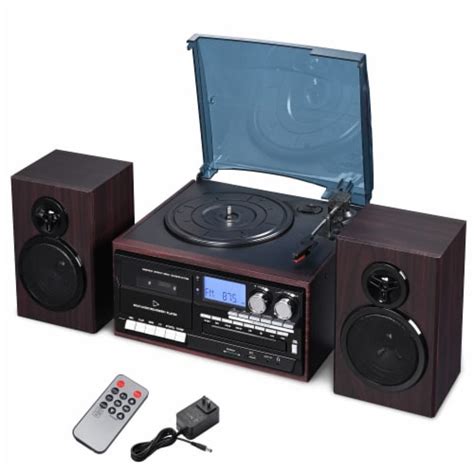 A record player connected to a stereo system