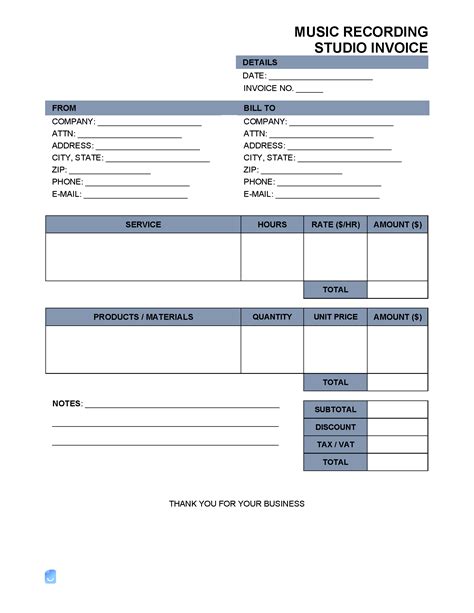 Recording studio invoice template