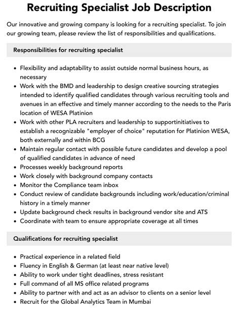 Recruiting Specialist Job Description