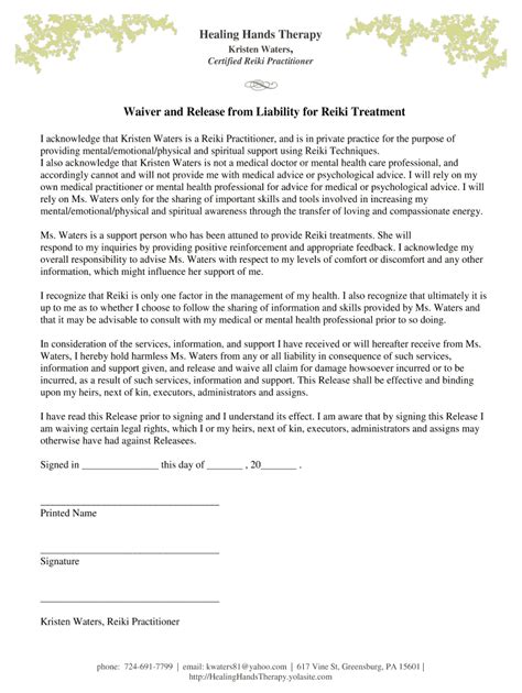 Reiki Waiver Form Template Download