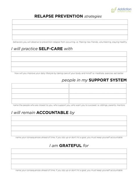 Relapse Prevention Plan Worksheet PDF