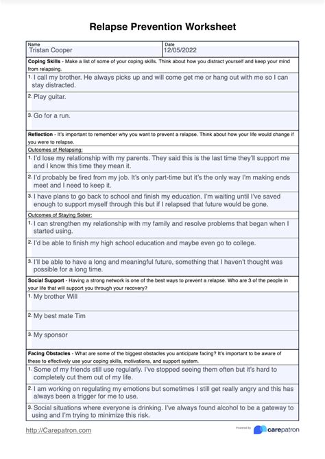 Relapse Prevention Worksheet Sample