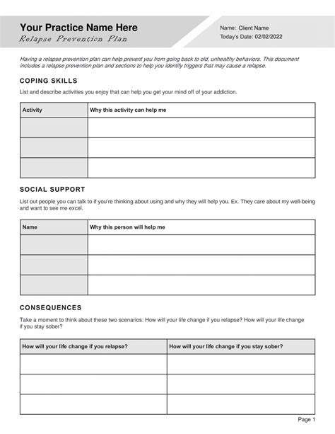 Relapse Prevention Worksheet Therapy