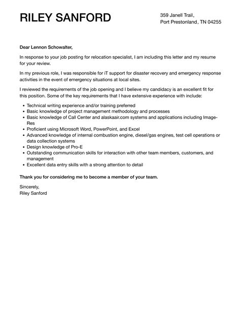 Relocation cover letter template