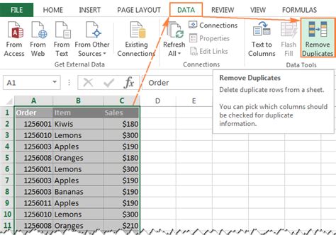 Using the Remove Duplicates Tool