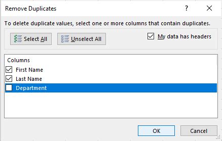 Remove Duplicates Tool Dialog