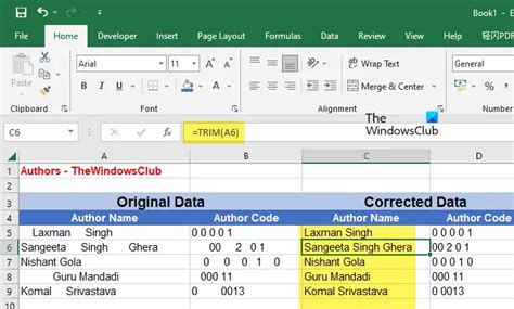 Using the TRIM function to remove spaces in Excel