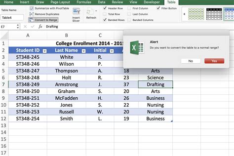 Converting a table to a range in Excel