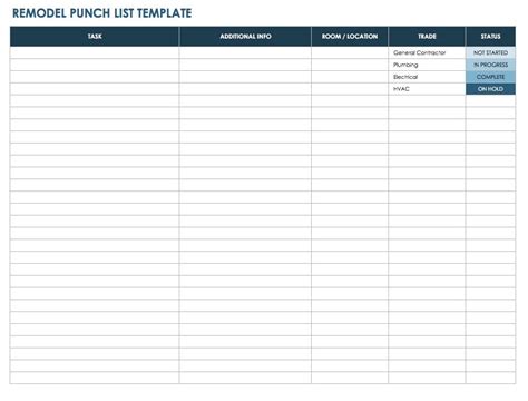 Renovation Punch List Template Excel