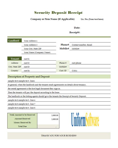 Rent Invoice Template with Security Deposit