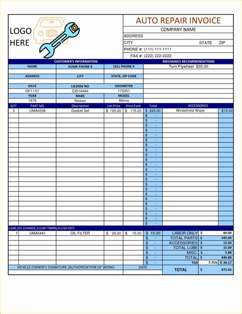 Repair Invoice Template Gallery 10