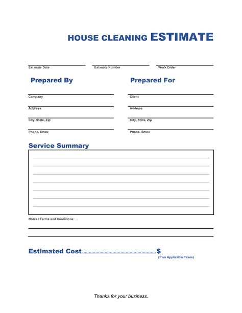 Residential Cleaning Estimate Form Template