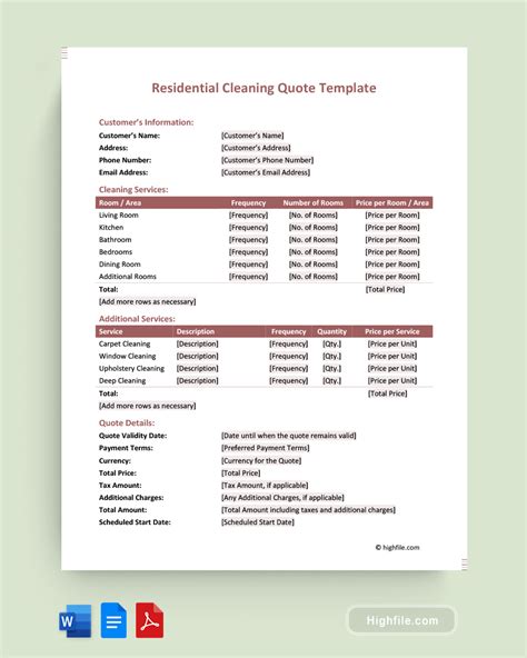 Residential Cleaning Quote Template Google Docs