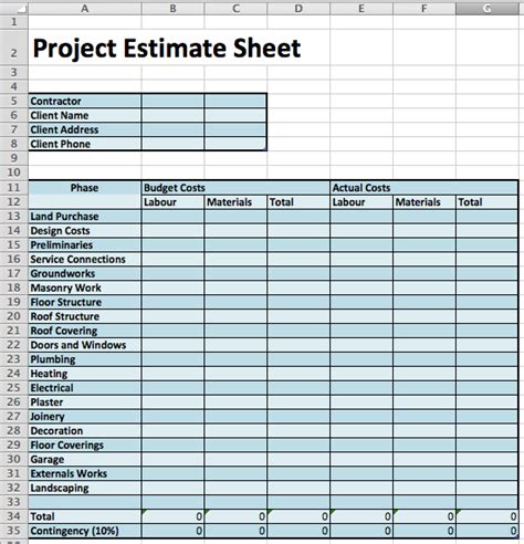 Residential Construction Cost Estimate Template