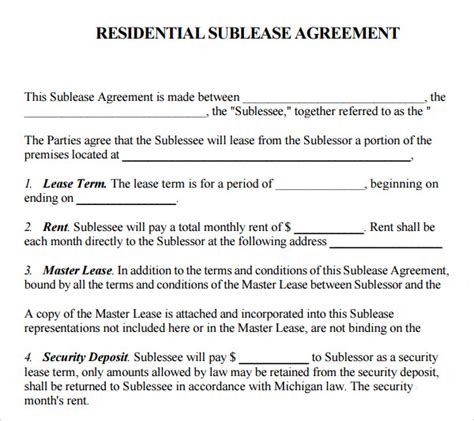 Residential Sublease Agreement Template