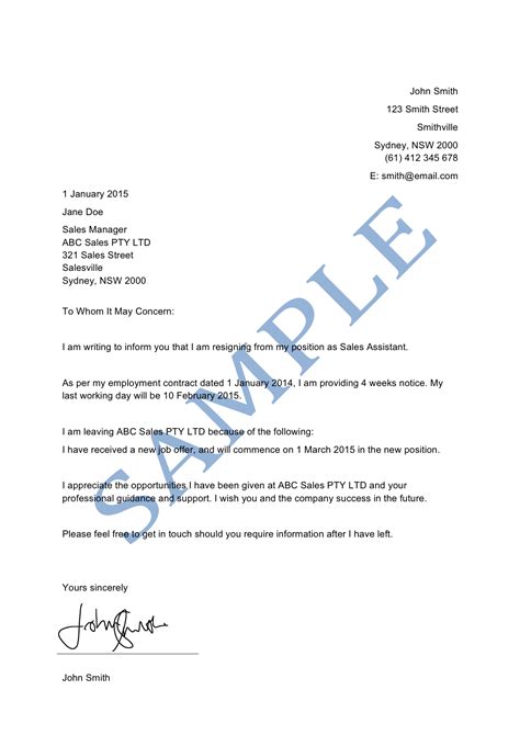 Resignation Letter Template Australia