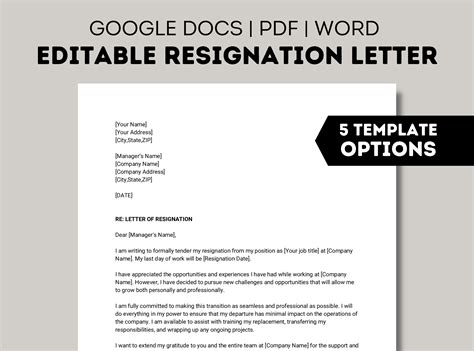 Resignation letter template in Google Docs