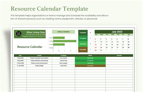 Resource Calendar Template in Excel