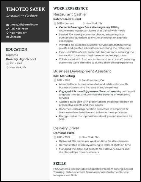 Restaurant Cashier Resume Template