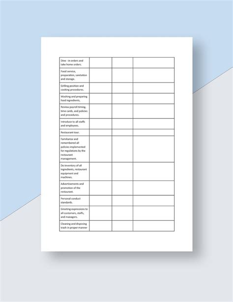 Employee Training Checklist Template for Restaurants