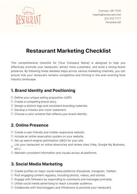 Marketing Checklist Template for Restaurants